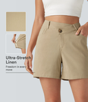 High Waisted Crossover Casual Stretch Linen Shorts with Pockets — photo 1
