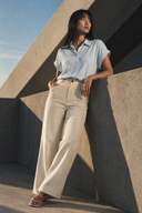 blue shirt linen trousers