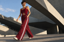 burgundy striped trousers