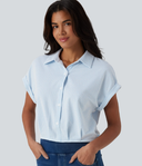 Collar Batwing Sleeve Stripes Crinkle Cotton Casual Shirt — photo 1