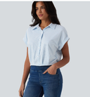 Collar Batwing Sleeve Stripes Crinkle Cotton Casual Shirt — photo 3