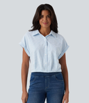 Collar Batwing Sleeve Stripes Crinkle Cotton Casual Shirt — photo 4