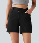 High Waisted Crossover Casual Stretch Linen Shorts with Pockets — photo 3