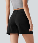 High Waisted Crossover Casual Stretch Linen Shorts with Pockets — photo 4