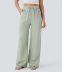 High Waisted Drawstring Pocket Wide Leg Casual Linen-Feel Pants — photo 1