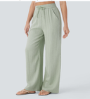 High Waisted Drawstring Pocket Wide Leg Casual Linen-Feel Pants — photo 3