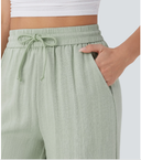 High Waisted Drawstring Pocket Wide Leg Casual Linen-Feel Pants — photo 4