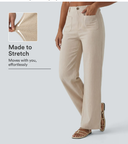 High Waisted Straight Leg Casual Linen-Feel Pants with Pockets — photo 1