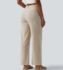 High Waisted Straight Leg Casual Linen-Feel Pants with Pockets — photo 2