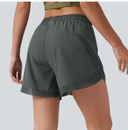 Mid Rise Drawstring Curved Hem Contrast Mesh 2-in-1 Running Shorts with Pockets — photo 1