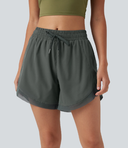 Mid Rise Drawstring Curved Hem Contrast Mesh 2-in-1 Running Shorts with Pockets — photo 2