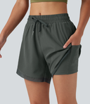 Mid Rise Drawstring Curved Hem Contrast Mesh 2-in-1 Running Shorts with Pockets — photo 3
