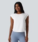 QuickDry Round Neck Cap Sleeve Ruched Curved Hem Yoga Sports Top — photo 2