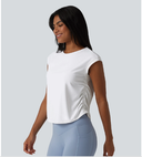 QuickDry Round Neck Cap Sleeve Ruched Curved Hem Yoga Sports Top — photo 4